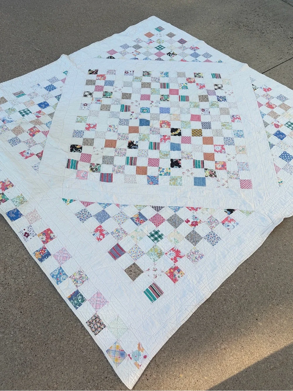 Vintage 1920-1940s checkerboard Irish quilt patchwork diamond feed sack blanket